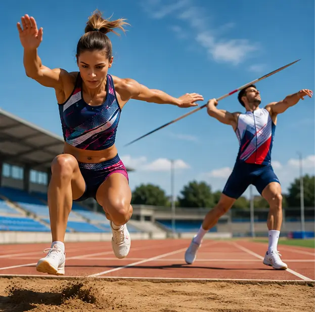 Un athlète réalisant un saut et un athlète lançant un javelot sur une piste d’athlétisme