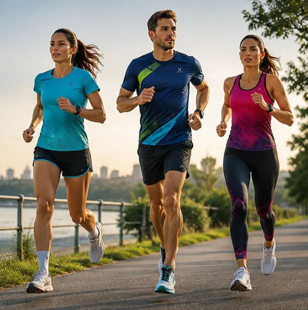 Trois coureurs en tenue de running au bord de l’eau