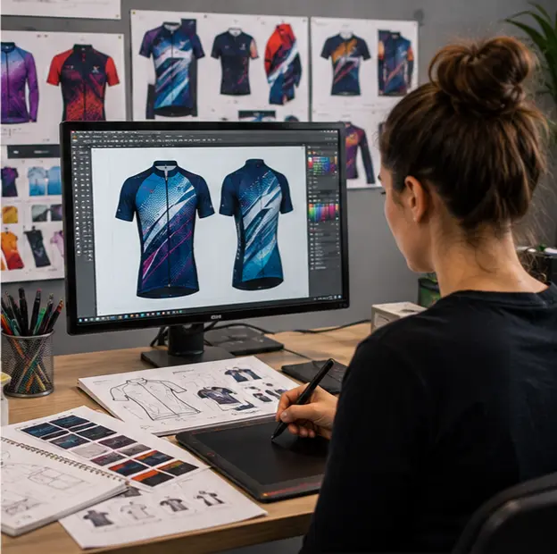 Accompagnement graphique : création d’un design de maillot sportif personnalisé sur un ordinateur