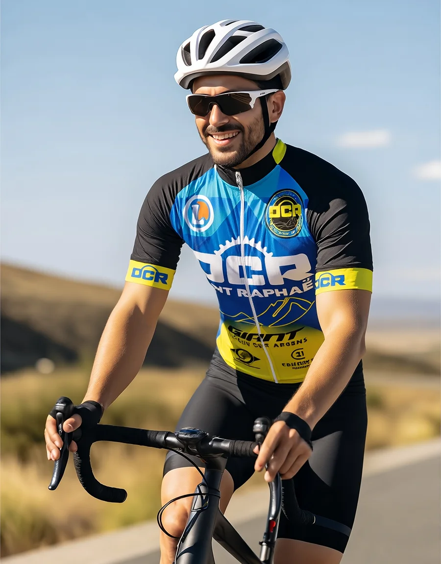 Cycliste portant un maillot noir, bleu et jaune