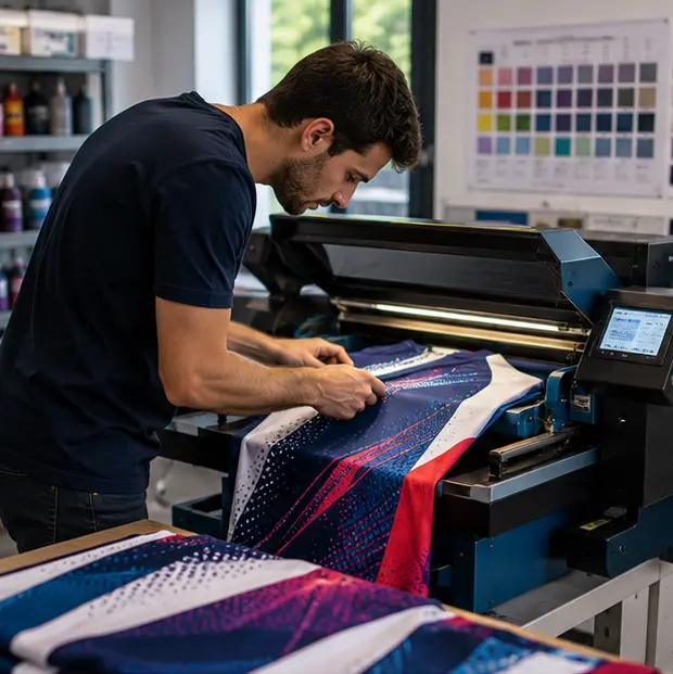 Personnalisation textile : découpe de tissus colorés pour créer des tenues sportives