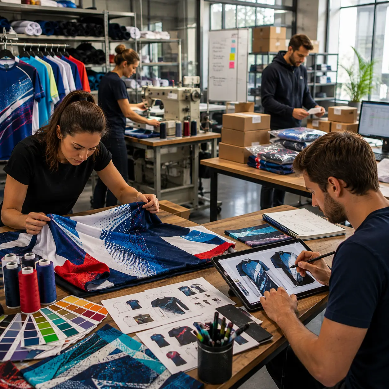 Équipe ANAELI réunie autour d’échantillons et de modèles de vêtements sportifs personnalisés