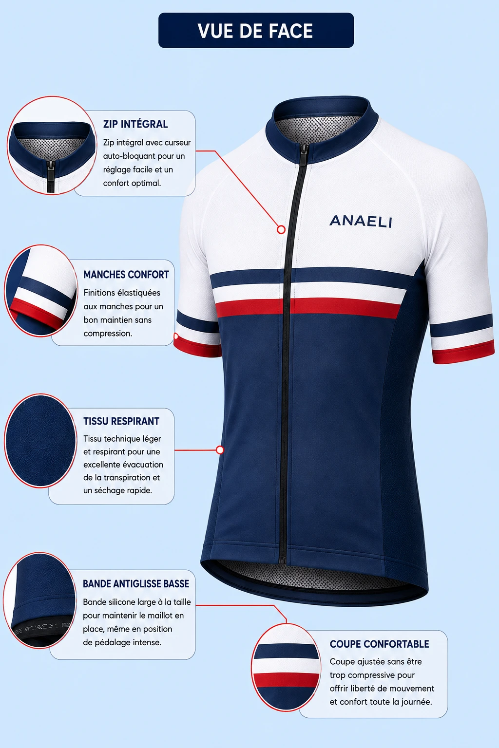 Vue de face du maillot de cyclisme Classic personnalisé