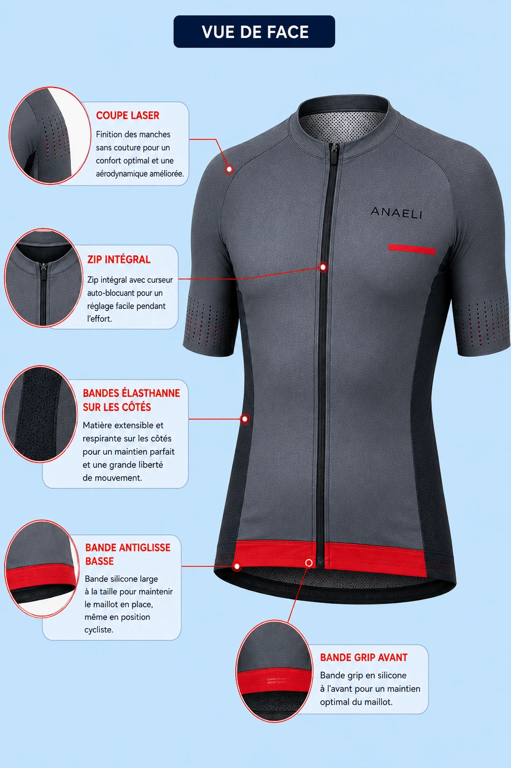 Vue de face du maillot de cyclisme Pro Line personnalisé
