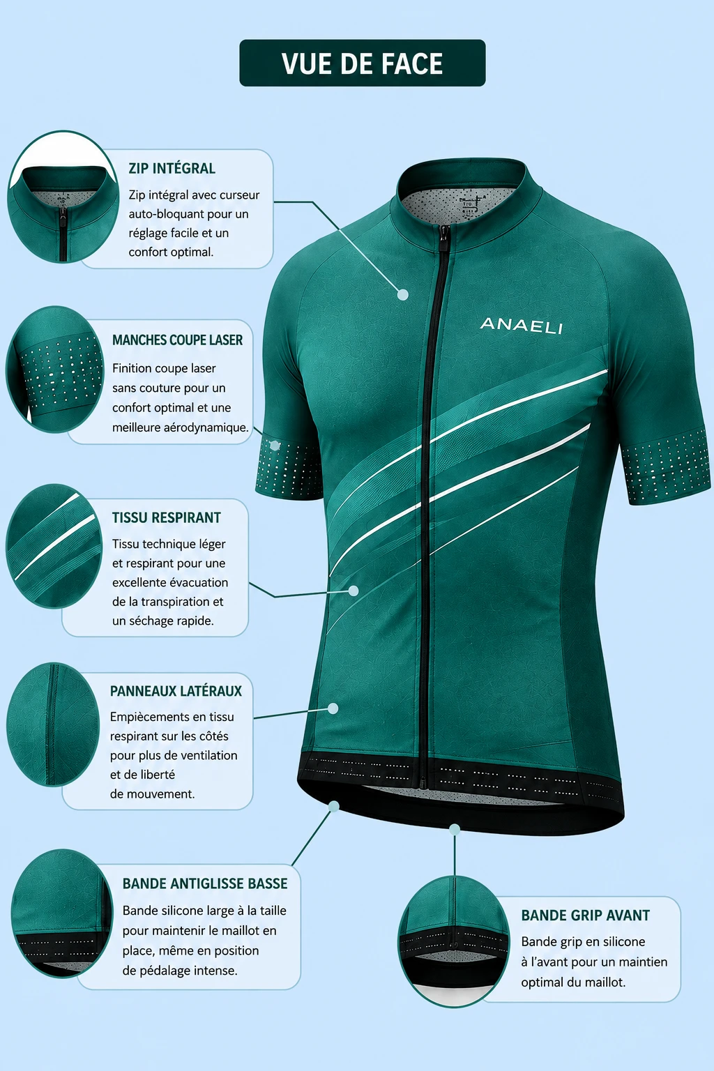 Vue de face du maillot de cyclisme Slim Fit personnalisé