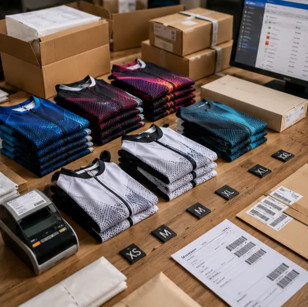 Stock de vêtements et d’accessoires de sport préparés pour les commandes