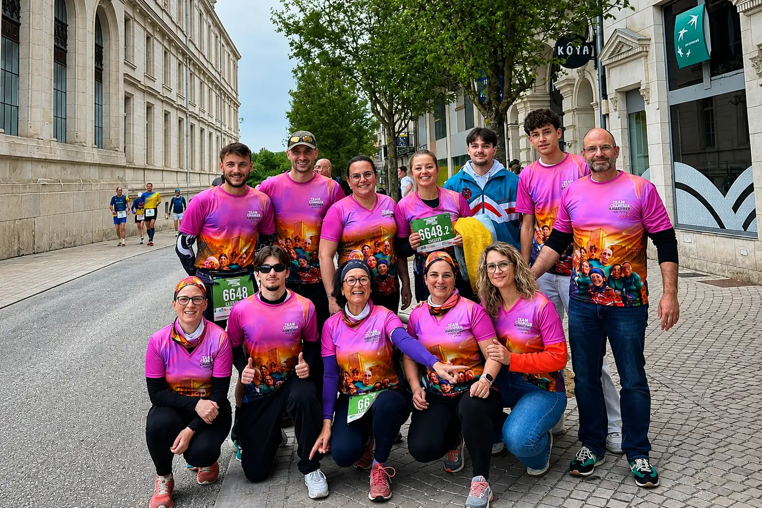 Les membres de la team « Les Cousins » portant des tenues personnalisées ANAELI lors du Marathon de Poitiers 2026