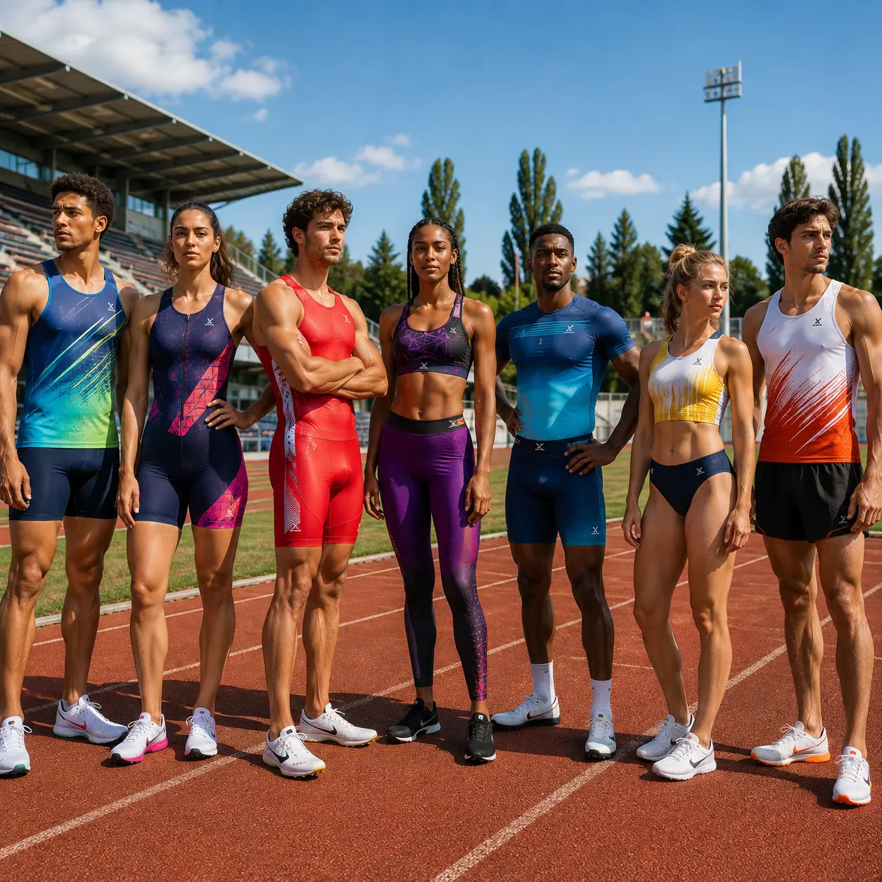 Athlètes en tenues personnalisées sur une piste d’athlétisme
