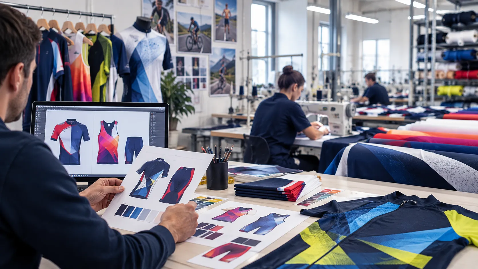 Conception graphique et fabrication de vêtements de sport personnalisés en atelier