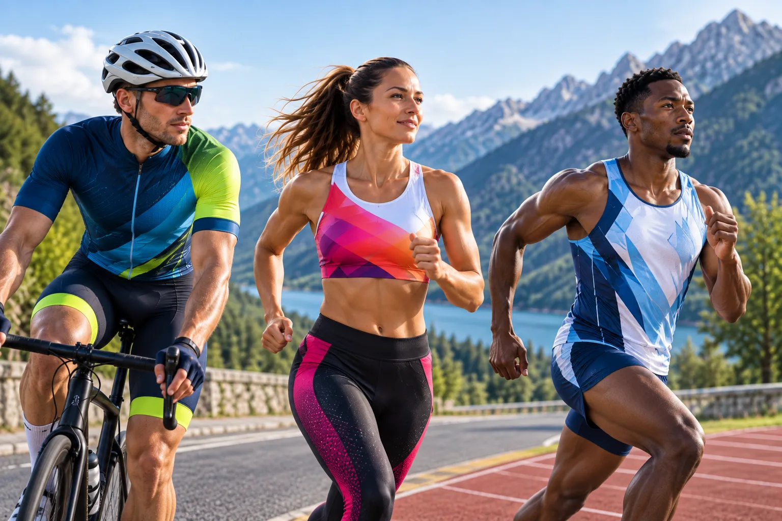 Cycliste, coureuse et athlète portant différentes tenues sportives personnalisées